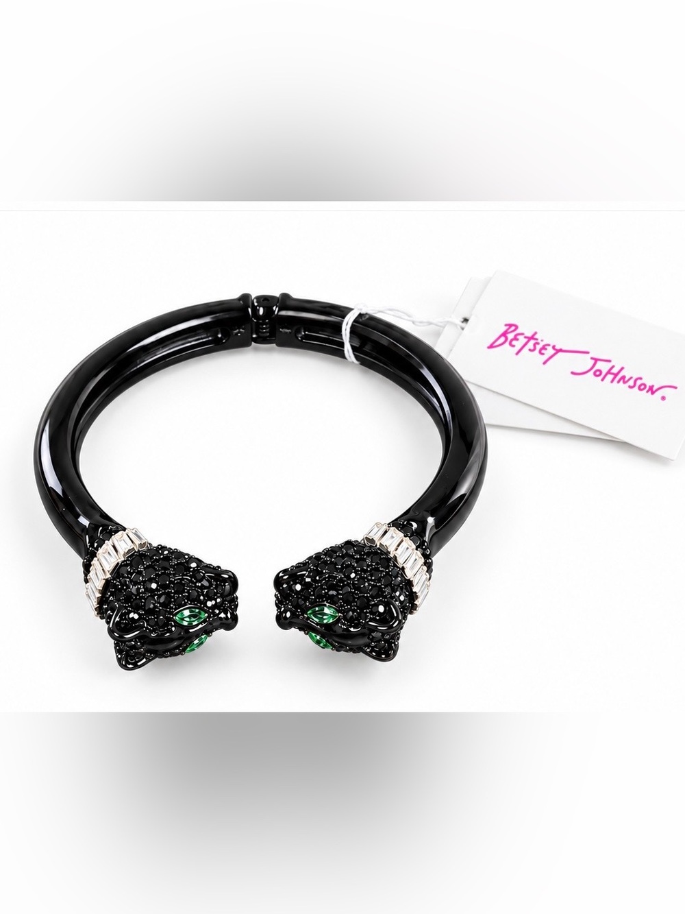 Betsey Johnson Black Panther Leopard Rhinestone Cuff Bracelet Green Eyes NWT